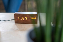 Wooden Digital Clock On Desk