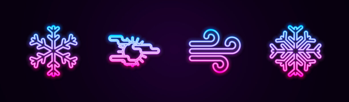 Set line Snowflake, Fog and sun, Wind and . Glowing neon icon. Vector