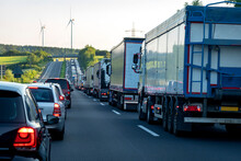 Rescue Lane, Cars And Trucks During Traffic Jam In The Evening, Germany