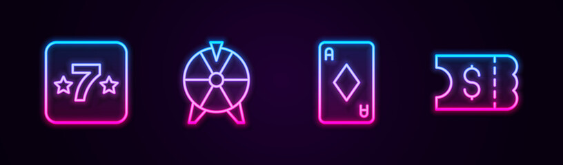 Sticker - Set line Casino slot machine, Lucky wheel, Playing card with diamonds and Lottery ticket. Glowing neon icon. Vector