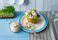 Baked Patato With Curd, Matjes Hering, Vegetables And Cress