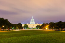 USA, Washington DC, Eastern End Of National Mall At Night With United States Capitol In Background