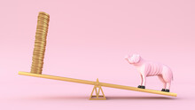 Three Dimensional Render Of Skinny Malnourished Piggy Bank Standing On Seesaw Against Stack Of Gold Coins