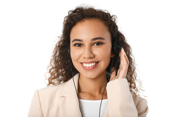 Poster - African-American consultant of call center in headset on white background