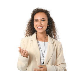 Poster - African-American consultant of call center in headset on white background