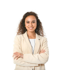 Poster - African-American consultant of call center in headset on white background