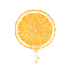 orange slice with juice drop dripping isolated on white background