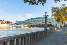 Georgia, Tbilisi, River Kura And Bridge Of Peace