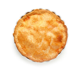 Baking dish with tasty chicken pot pie on white background