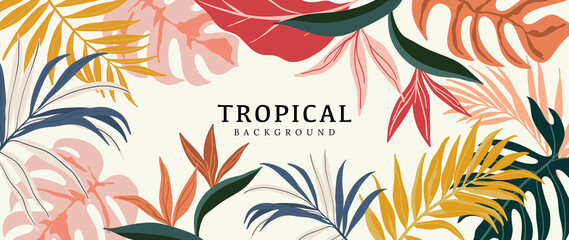 Tropical leaves background vector. Summer Sale banner design with flower and leaf. Hand drawn colorful palm leaf, monstera leaves, floral line art design for wallpaper, cover, cards and packaging.