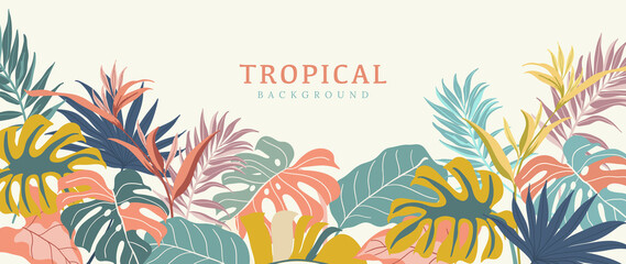 Tropical leaves background vector. Summer Sale banner design with flower and leaf. Hand drawn colorful palm leaf, monstera leaves, floral line art design for wallpaper, cover, cards and packaging.