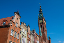 Poland, Gdansk, Hanseatic League Houses With The Town Hall  In The Pedestrian Zone