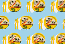 Pattern Of Plastic Plates With Funny Looking Sandwiches With Anthropomorphic Faces