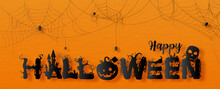 Happy Halloween Wording Design In Paper Cut Out Style With Black Spider Webs On Paper Pattern And Orange Background.