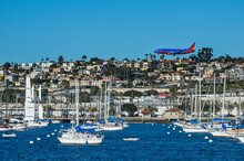 USA, California, San Diego, Airplane And Sailing Boats