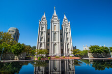 USA, Utah, Salt Lake City, Mormon Salt Lake City Temple Reflecting In A Little Pond
