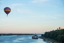 Hot Air Balloning Above The Volga River In The Unesco World Heritage Site Yaroslavl, Golden Ring, Russia