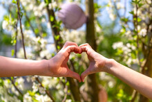 Two Children Shaping Heart With Their Hands In Garden