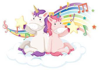 Poster - Two unicorns with melody symbols on rainbow