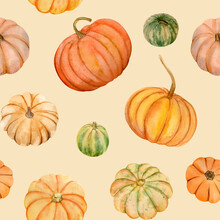 Watercolor Pumpkins Fall Seamless Pattern. It Is Perfect For Thanksgiving Cards Or Posters
