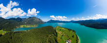 Germany, Bavaria, Aerial Panorama Of Lake Walchen And Zwergern Peninsula In Summer