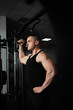 © Valeriia - A sports athlete coach a muscular man does an exercise on a simulator in gym. Portrait, low key, darkness. coaching
