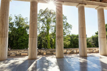 Greece, Athens, Ancient Agora, sunbeams between the pillars of Stoa of Attalos