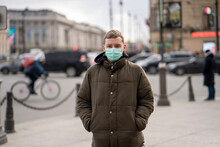 Young Man With Face Mask, Commuting In The City, St. Petersburg, Russia