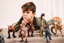 Portrait Of Little Boy Playing With Toy Dinosaurs