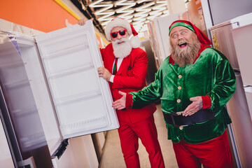 Wall Mural - Portrait of two attractive cheerful funky guys elf Santa helper assistant demonstrating fridge advent December offer at store market indoors