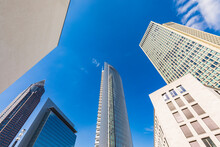 Low Angle View Of Skyscrapers Against Blue Sky, Frankfurt, Hesse, Germany
