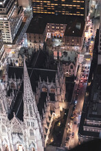Top View Of Street And  St. Patrick's Cathedral At Night, Manhattan, New York City, USA