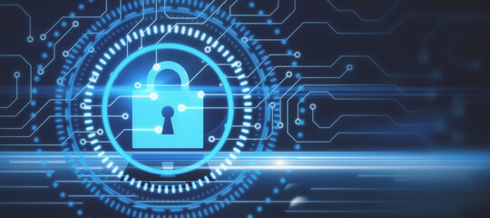 Abstract glowing padlock interface on blue background with wide mock up place. Safety, security and protection concept. 3D Rendering.