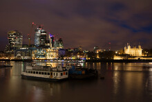 United Kingdom, England, London, River Thames At Night, Tower Of London Right