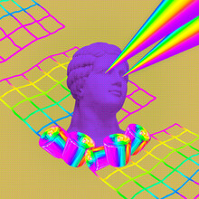 Contemporary Art Minimal Concept Collage. Antique Statue Male And Rainbow Lazers. LGBT, Pride, Free Love Concept