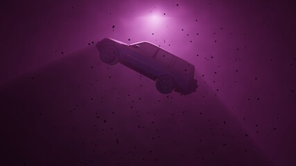 Car floating in fog, water, mist. Astral plane. Silhouette. 3d render illustration with sharp volumetric light rays