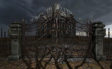 Dappled Light Through A Bare Tree Shines Over A Closed Iron Gate Of An Abandoned And Dilapidated Spooky Mansion With Illuminated Windows Under A Gloomy Cloudy Sky. 3D Rendering.