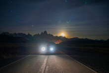 Car On Road To El Chalten By Night, Patagonia, Argentina