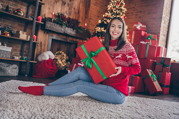 Sticker - Photo of funny beautiful young woman dressed red sweater holding new year gift box smiling indoors room home house