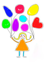 Children's Drawing Of Happy Girl With Bunches Of Balloons