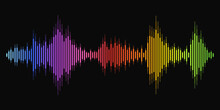 Vibrant Rainbow Colorful Vector Sound Waves Flow Isolated On Black Background For Music Or Presentation Background. Spectral Color Music Frequency.