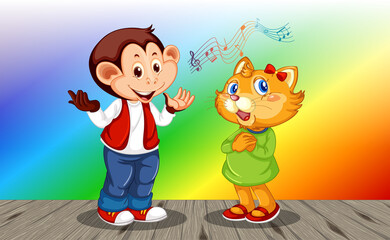 Wall Mural - Monkey with cat cartoon character on rainbow gradient background