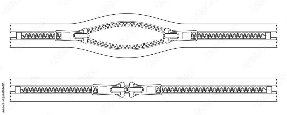 Vector black line open two-way zipper. Isolated on white background ...
