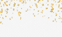 Golden Falling 3d Confetti, Party Or Celebration Background. Gold Flying Award Tinsel, Ribbon And Glitter. Holiday Festive Vector Decoration