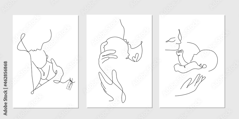 Vector one line art set of illustrations of a new born baby and mother ...