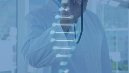 Canvas Print - Animation of dna strand spinning over male doctor holding stethoscope