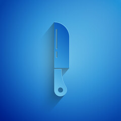 Sticker - Paper cut Knife icon isolated on blue background. Cutlery symbol. Paper art style. Vector