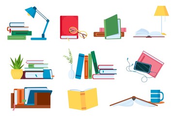 Wall Mural - Reading literature, flat book stacks and piles for study. Open and closed books with lamp. Bookstore, school or audiobook vector concept set