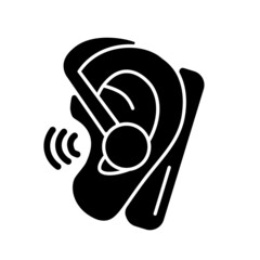 Sticker - Handsfree headset black glyph icon. Wireless earpiece for business conversations. Connected to smartphone. Calling while driving. Silhouette symbol on white space. Vector isolated illustration