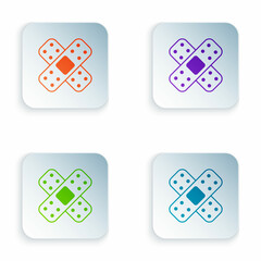 Poster - Color Crossed bandage plaster icon isolated on white background. Medical plaster, adhesive bandage, flexible fabric bandage. Set colorful icons in square buttons. Vector